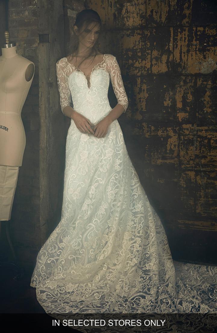 Women's Sareh Nouri Evita Embroidered Lace A-line Gown, Size - Ivory