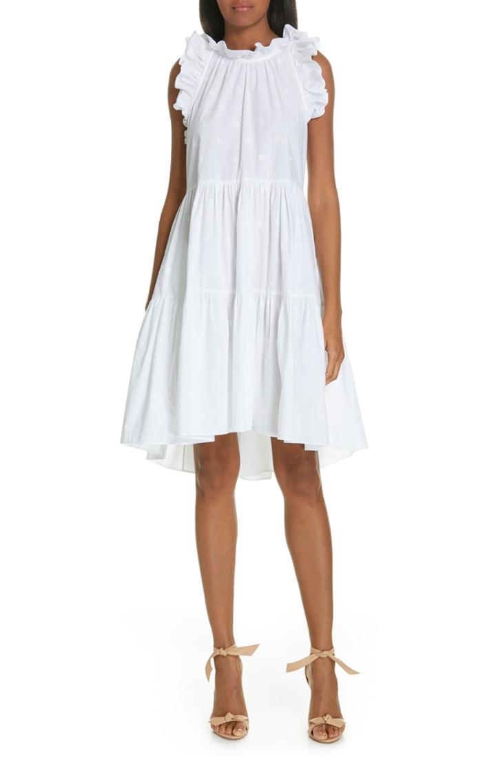 Women's Ulla Johnson Tamsin Embroidered Ruffle Trim Midi Dress - White