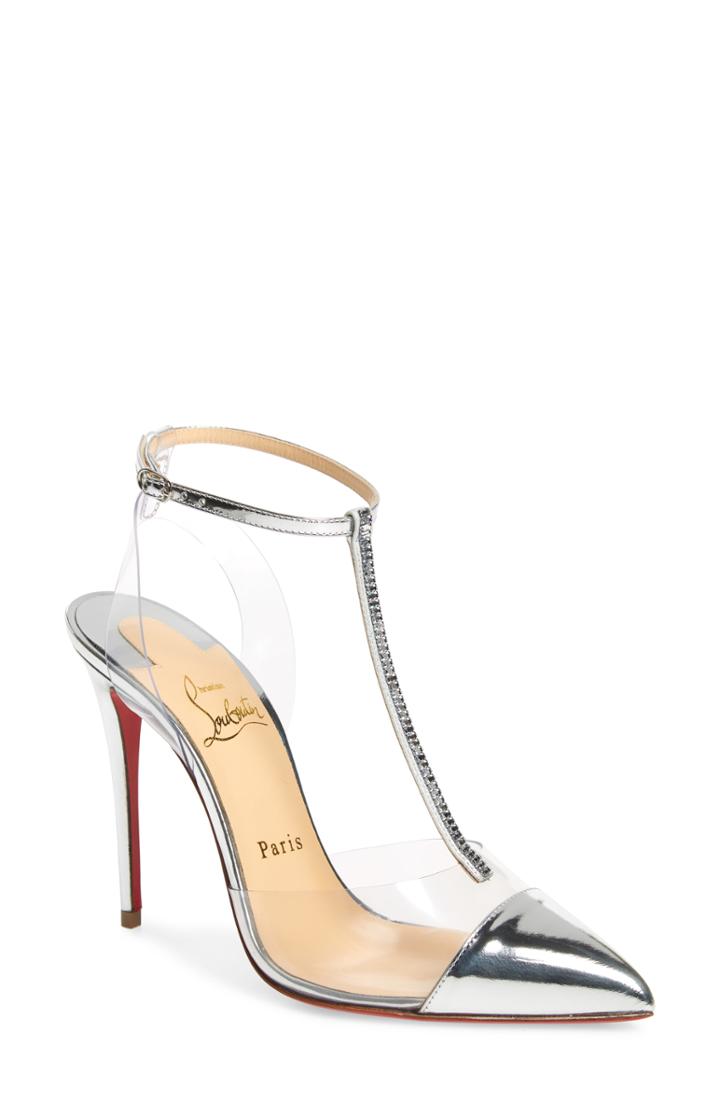 Women's Christian Louboutin Nosy Crystal Embellished T-strap Pump .5us / 35.5eu - Metallic