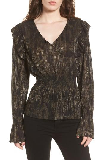 Women's Hinge Foil Print Smocked Top, Size - Black