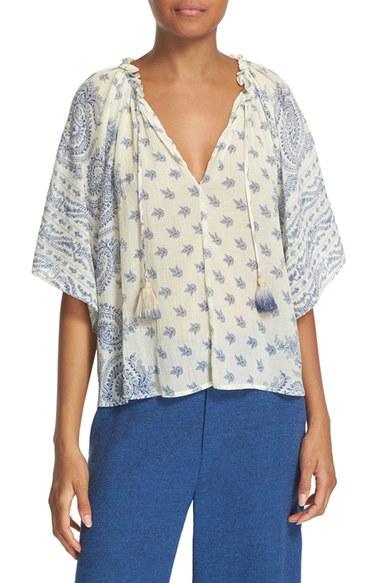 Women's Sea Paisley Print Cotton & Silk Peasant Top