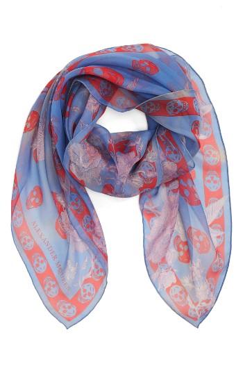 Women's Alexander Mcqueen Hummingbird Skull Print Silk Scarf, Size - Blue