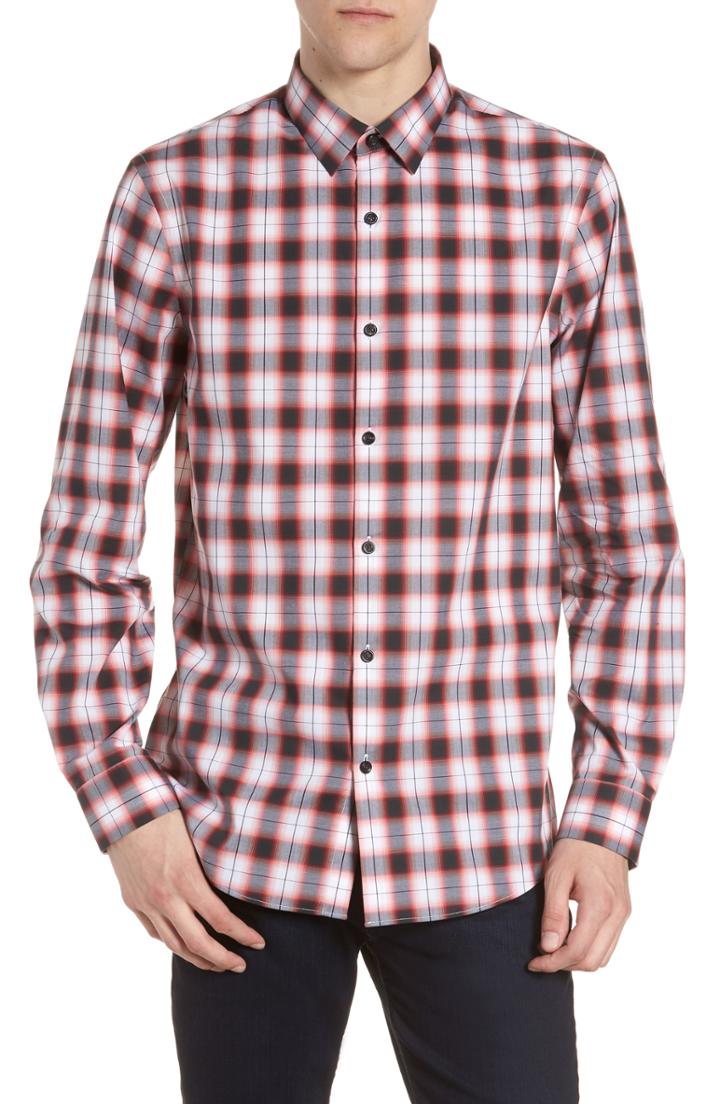 Men's Calibrate Slim Fit Non-iron Mini Plaid Sport Shirt, Size - White