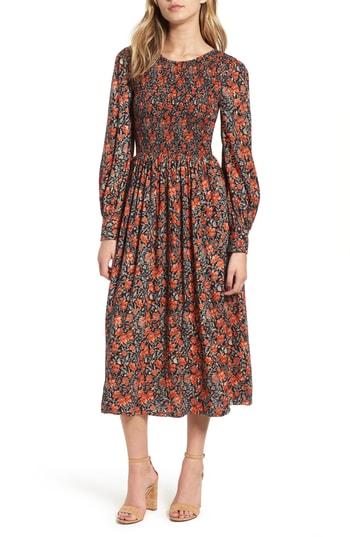 Women's Hinge Print Smocked Bodice Dress, Size - Black
