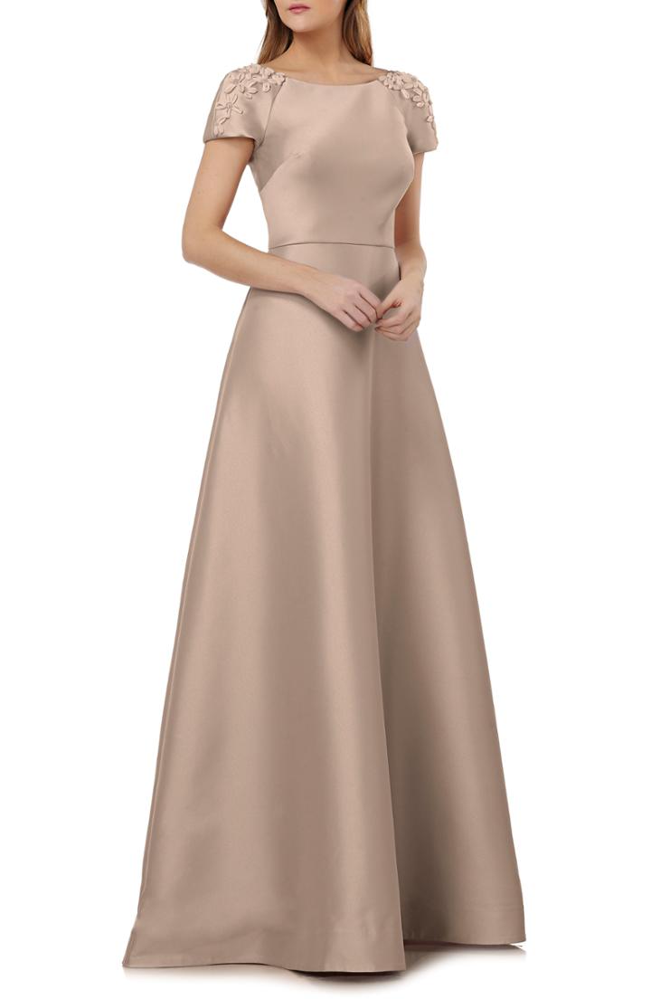 Women's Kay Unger Embellished Sleeve Stretch Mikado Gown