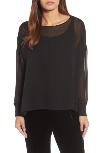 Women's Eileen Fisher Bateau Neck Silk Boxy Top, Size - Black