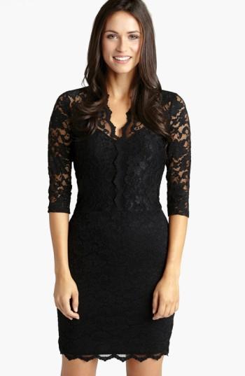 Petite Women's Karen Kane Scalloped Lace Sheath Dress P - Black
