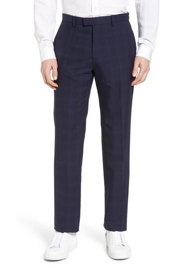 Men's Theory Marlo Flat Front Plaid Wool Trousers - Blue