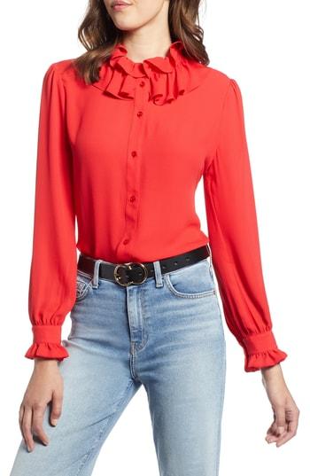 Women's Halogen Ruffle Neck Blouse - Red