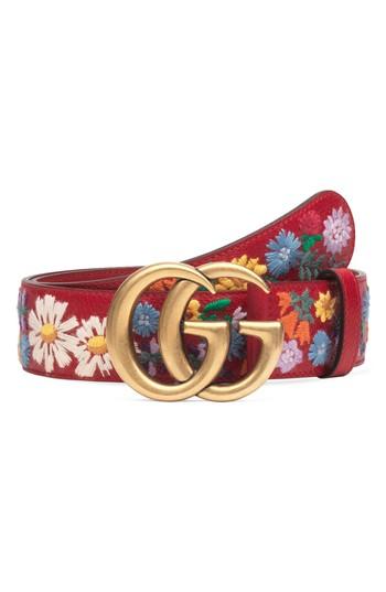 Women's Gucci Gg Flower Embroidered Calfskin Leather Belt 0 - Red Multi/ Red