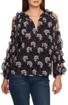 Women's 1.state Bloomsbury Floral Ruffle Cold Shoulder Top, Size - Black