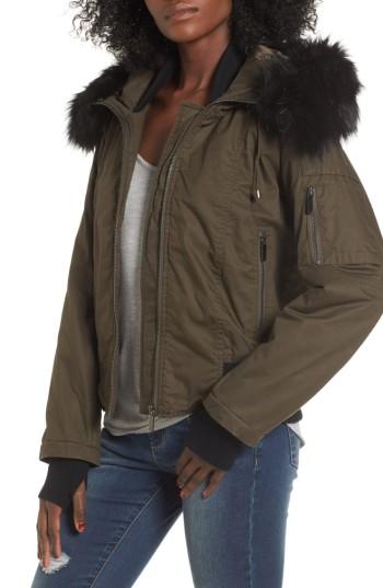 Women's French Connection Faux Fur Trim Wax Cotton Bomber Jacket - Green
