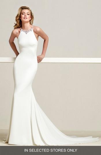 Women's Pronovias Dreba Jeweled Back Crepe Mermaid Gown, Size In Store Only - White