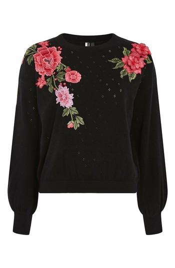 Women's Topshop Stitchy Embroidered Sweater Us (fits Like 0) - Black