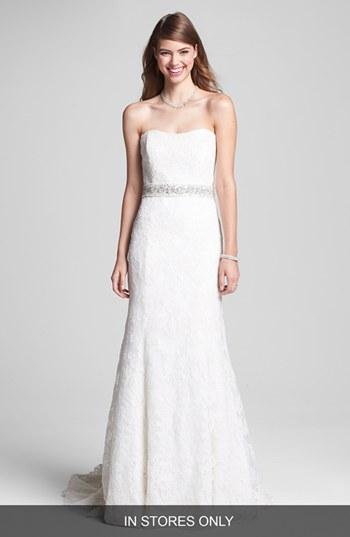 Women's Bliss Monique Lhuillier Strapless Lace Wedding Dress With Beaded Waist
