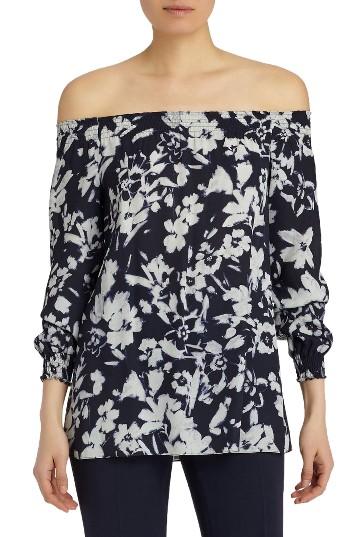 Women's Lafayette 148 New York Raelyn Augusto Impression Crepe Blouse, Size - Blue