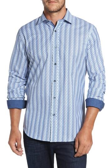 Men's Bugatchi Classic Fit Paisley Striped Sport Shirt, Size - Blue