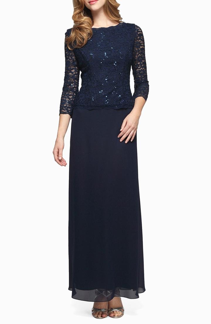 Women's Alex Evenings Sequin Lace & Chiffon Gown (similar To 14w) - Blue