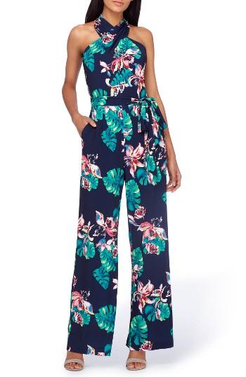 Women's Tahari Palm Print Halter Jumpsuit - Blue