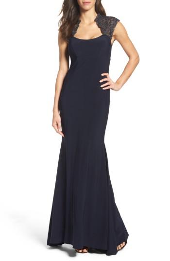 Petite Women's Xscape Lace Inset Mermaid Gown P - Blue