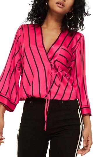 Women's Topshop Stripe Tie Wrap Kimono Top Us (fits Like 0) - Pink