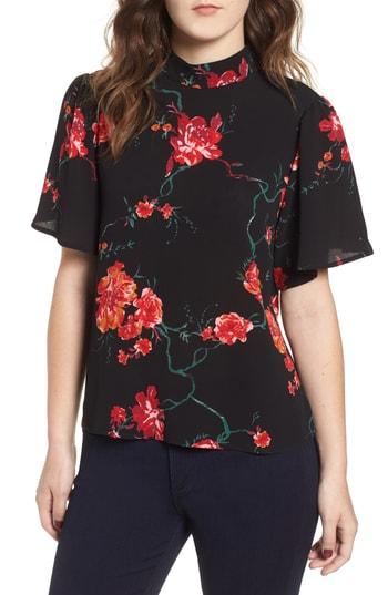 Women's Bp. Floral Print Mock Neck Blouse, Size - Black