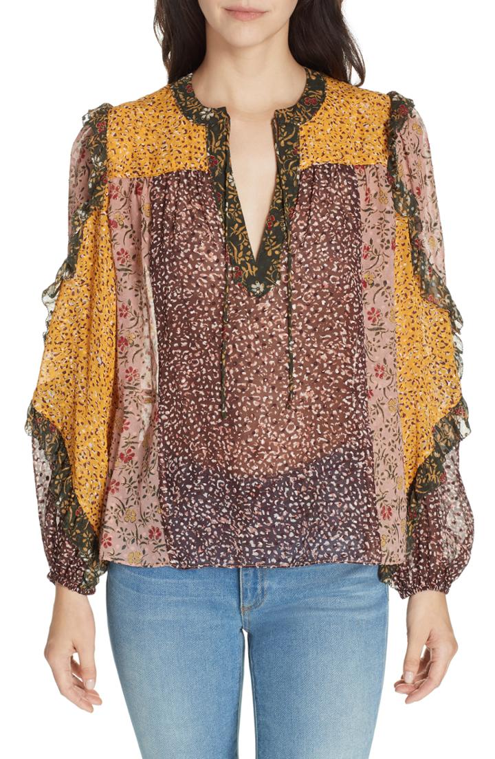 Women's Ulla Johnson Norma Floral Print Silk Blend Blouse - Yellow