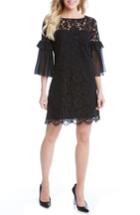 Petite Women's Karen Kane Ruffle Sleeve Lace Shift Dress P - Black