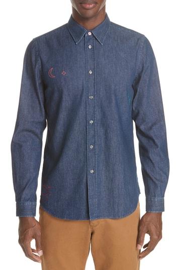 Men's Ps Paul Smith Denim Shirt With Embroidery - Blue