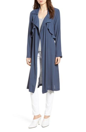 Women's Trouve Ruffle Drape Front Belted Duster Jacket - Blue