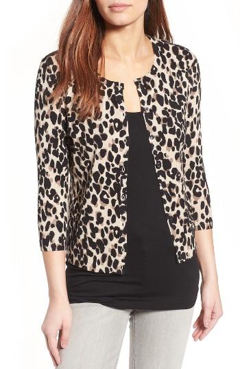 Petite Women's Halogen Three Quarter Sleeve Crewneck Cardigan, Size P - Beige
