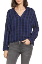 Women's Madewell Plaid Shirred Neck Shirt, Size - Blue