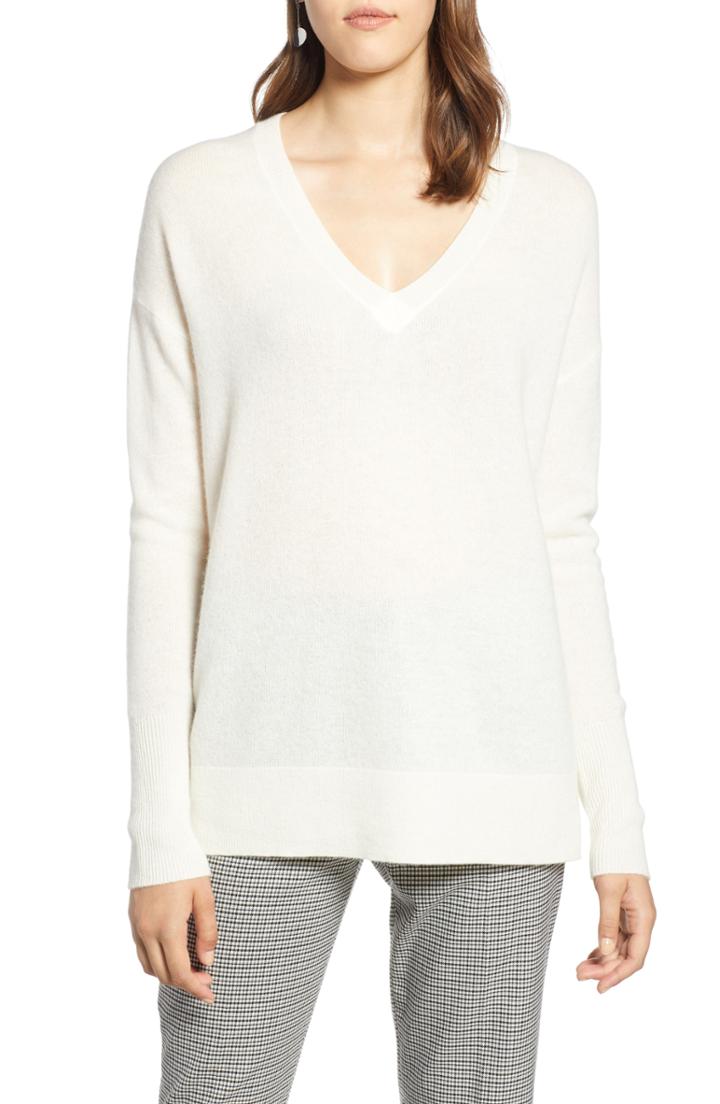 Women's Halogen Relaxed V-neck Cashmere Sweater, Size - Ivory