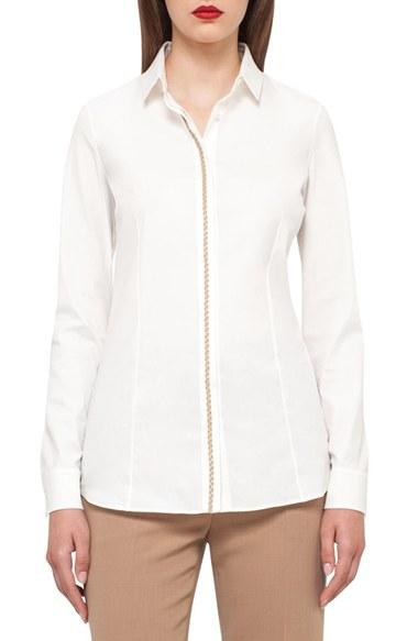 Women's Akris Faux Leather Trim Stretch Cotton Blend Blouse