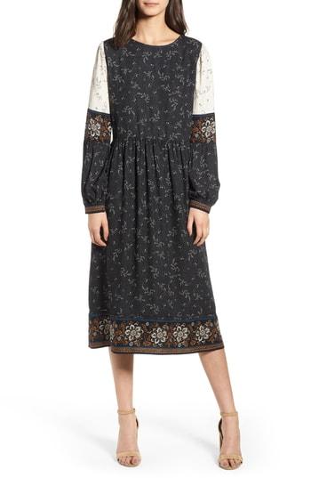 Women's Hinge Mix Print Midi Peasant Dress, Size - Black