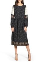 Women's Hinge Mix Print Midi Peasant Dress, Size - Black