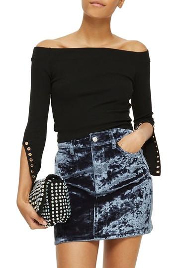 Women's Topshop Eyelet Cuff Off The Shoulder Sweater Us (fits Like 0) - Black