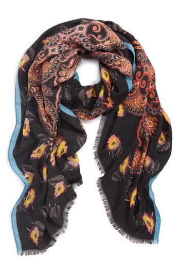 Women's Etro Flower Print Cashmere & Silk Scarf, Size - Black