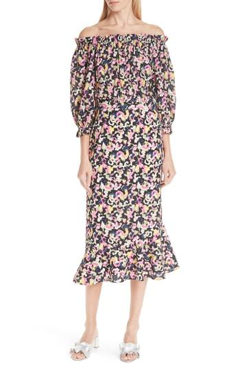 Women's Saloni Grace Print Silk Off The Shoulder Dress - Black