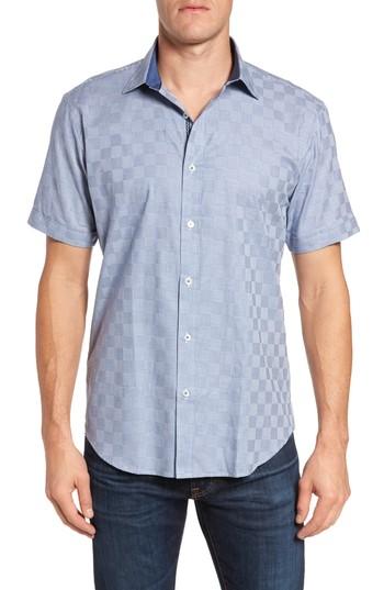 Men's Bugatchi Shaped Fit Houndstooth Check Sport Shirt, Size - Blue