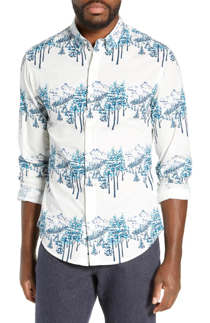 Men's Bonobos Washed Button Down Slim Fit Mountain Print Sport Shirt R - White