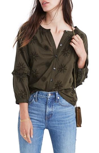 Women's Madewell Embroidered Bubble Sleeve Shirt, Size - Green
