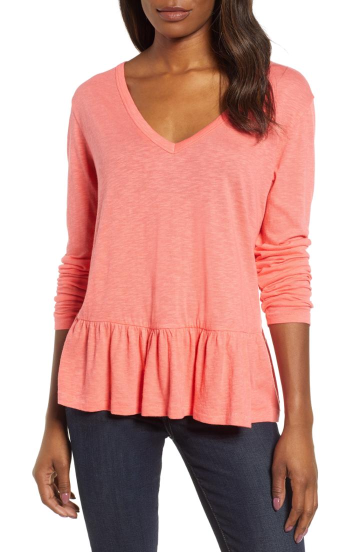 Women's Caslon V-neck Peplum Tee - Coral