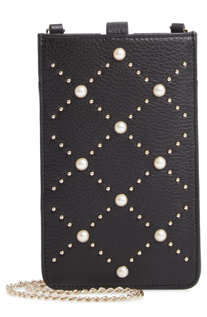Kate Spade New York Imitation Pearl Studded Leather Phone Crossbody Bag - Black