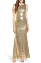 Women's Lulus Sleeveless Sequin Drape Back Gown - Metallic