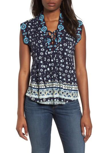 Women's Lucky Brand Lace-up Printed Top - Blue