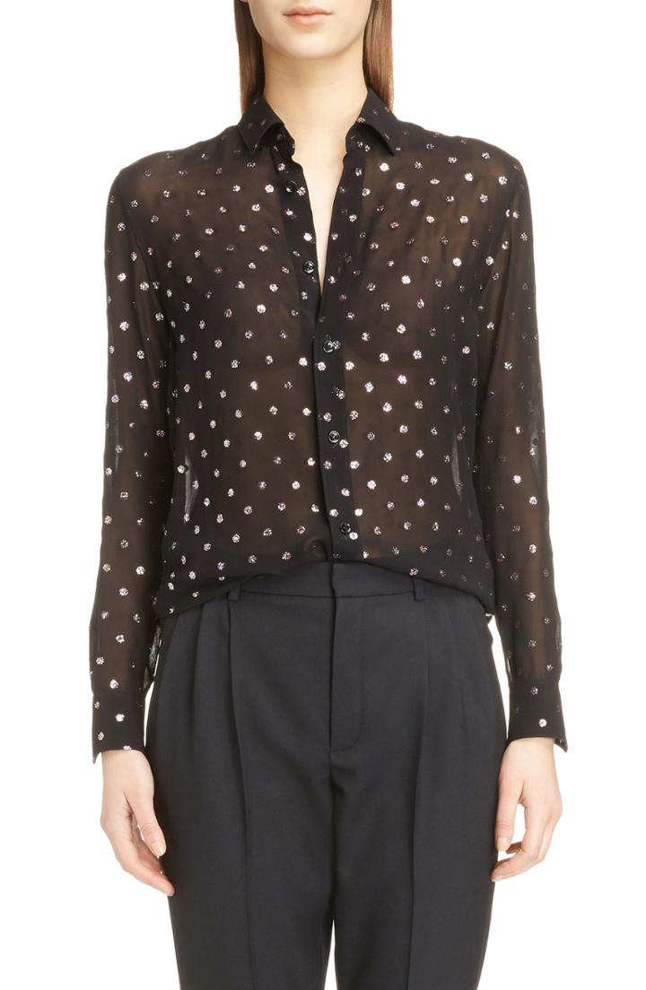 Women's Saint Laurent Glitter Dot Georgette Blouse Us / 42 Fr - Black