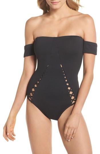 Women's Laundry By Shelli Segal Off The Shoulder One-piece Swimsuit - Black
