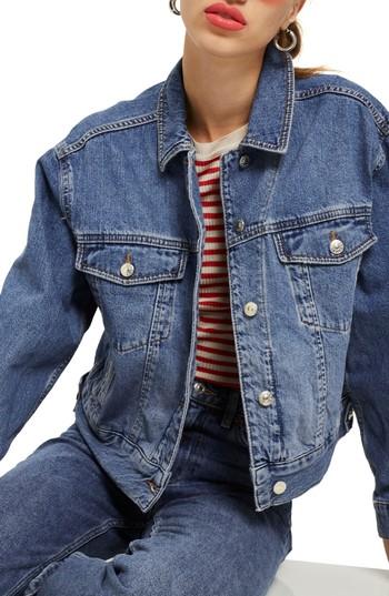 Women's Topshop Boxy Crop Denim Jacket Us (fits Like 0-2) - Blue
