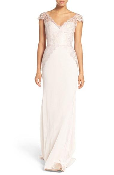 Women's Hayley Paige Occasions Cap Sleeve Lace & Chiffon Trumpet Gown - Pink